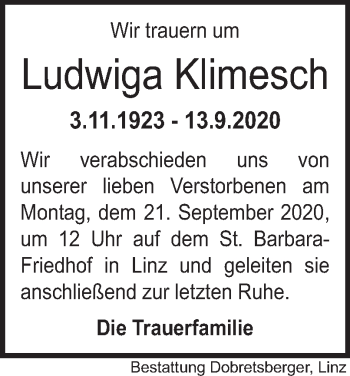 Traueranzeige von Ludwiga Klimesch von OÖNachrichten