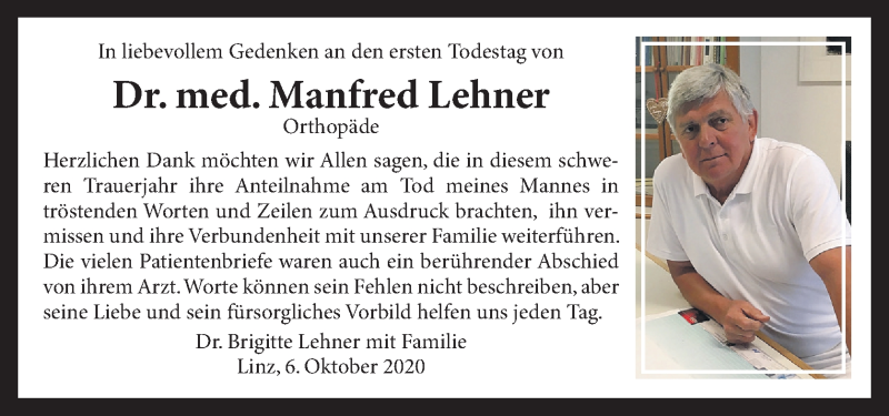  Traueranzeige für Manfred Lehner vom 06.10.2020 aus OÖNachrichten