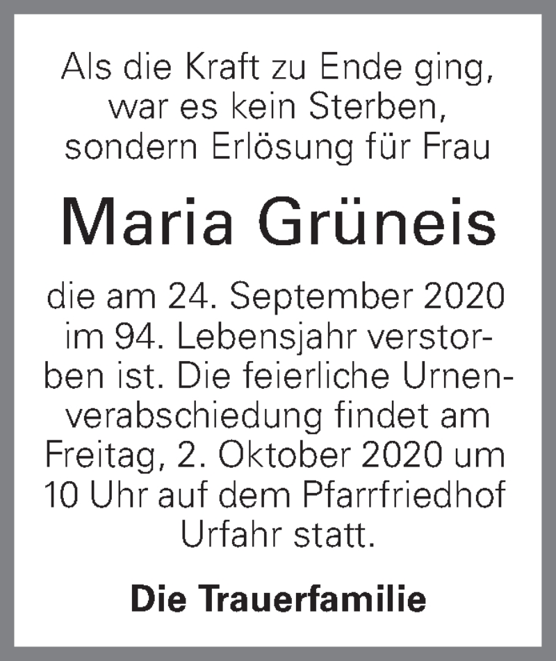  Traueranzeige für Maria Grüneis vom 29.09.2020 aus OÖNachrichten