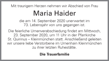 Traueranzeige von Maria Haider von OÖNachrichten