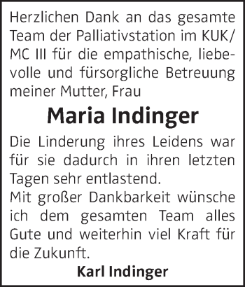 Traueranzeige von Maria Indinger von OÖNachrichten
