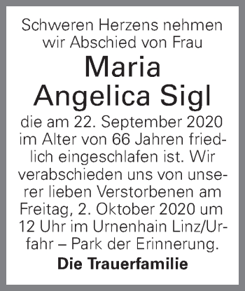 Traueranzeige von Maria Angelica Sigl von OÖNachrichten