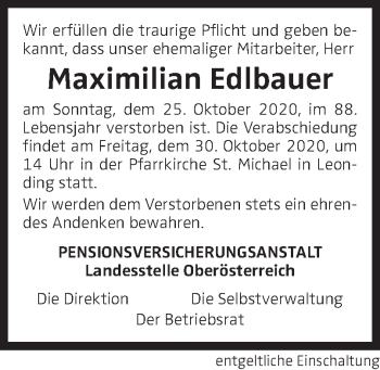 Traueranzeige von Maximilian Edlbauer von OÖNachrichten