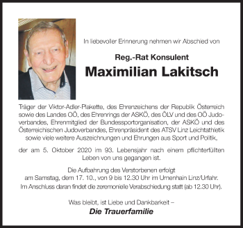 Traueranzeige von Maximilian Lakitsch von OÖNachrichten