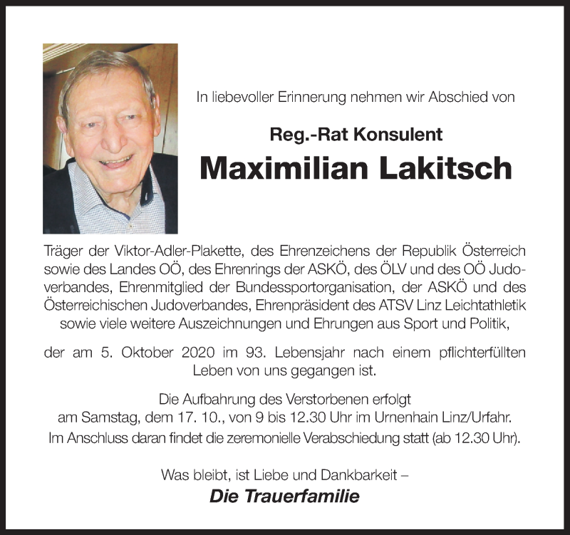  Traueranzeige für Maximilian Lakitsch vom 14.10.2020 aus OÖNachrichten