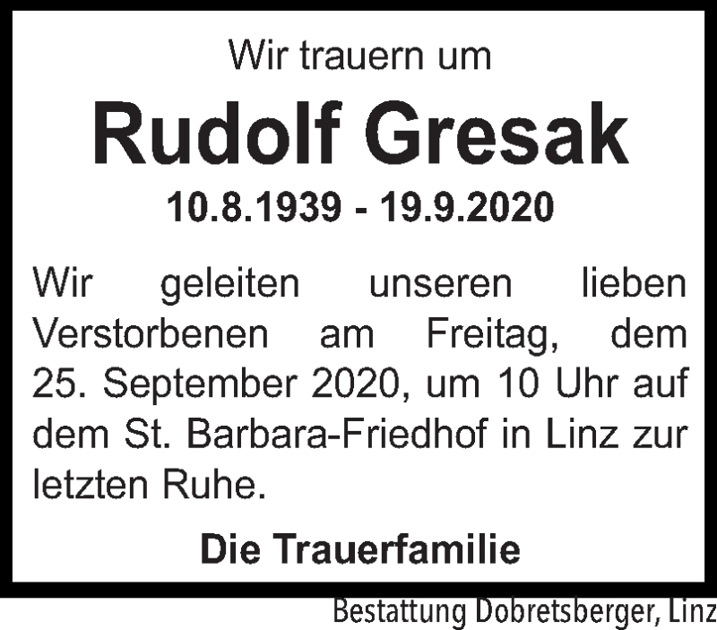  Traueranzeige für Rudolf Gresak vom 23.09.2020 aus OÖNachrichten