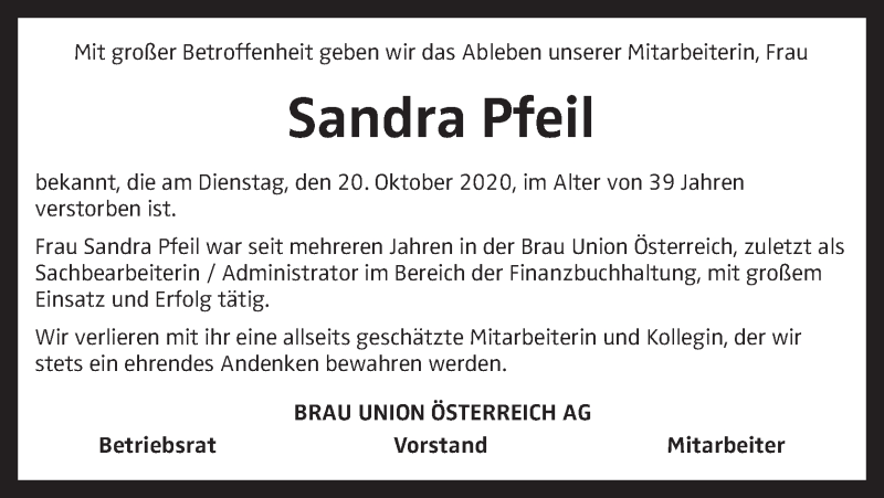  Traueranzeige für Sandra Pfeil vom 24.10.2020 aus OÖNachrichten