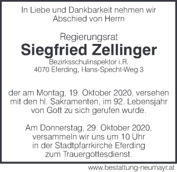 Traueranzeige von Siegfried Zellinger von OÖNachrichten