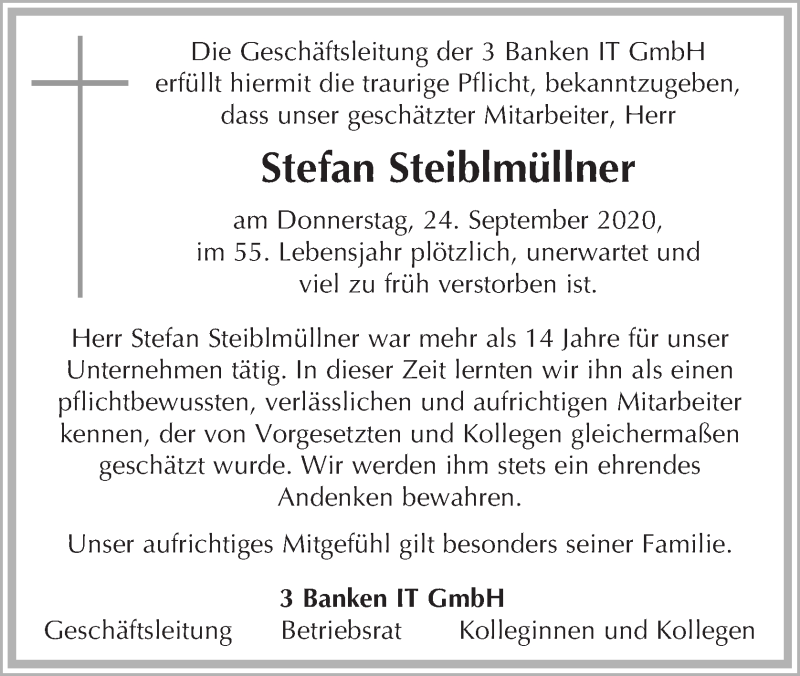  Traueranzeige für Stefan Steiblmüllner vom 03.10.2020 aus OÖNachrichten