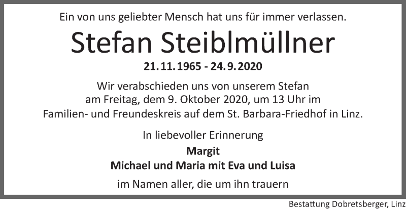  Traueranzeige für Stefan Steiblmüllner vom 07.10.2020 aus OÖNachrichten