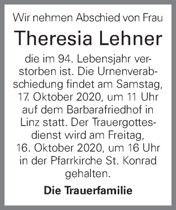 Traueranzeige von Theresia Lehner von OÖNachrichten
