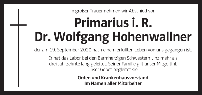  Traueranzeige für Wolfgang Hohenwallner vom 06.10.2020 aus OÖNachrichten