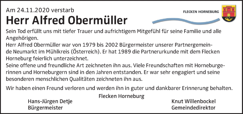  Traueranzeige für Alfred Obermüller vom 28.11.2020 aus OÖNachrichten