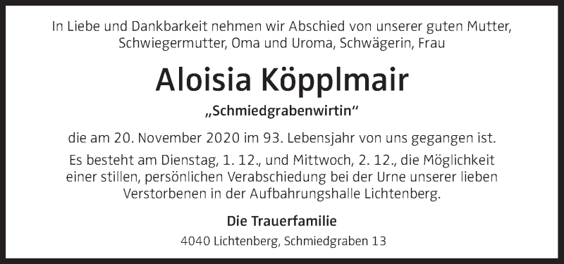  Traueranzeige für Aloisia Köpplmair vom 28.11.2020 aus OÖNachrichten