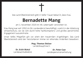 Traueranzeige von Bernadette Mang von OÖNachrichten