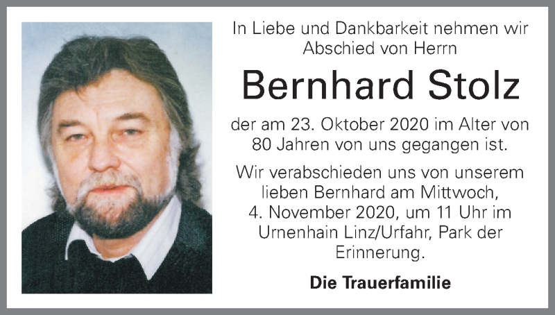  Traueranzeige für Bernhard Stolz vom 31.10.2020 aus OÖNachrichten