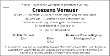 Traueranzeige von Creszenz Vorauer von OÖNachrichten