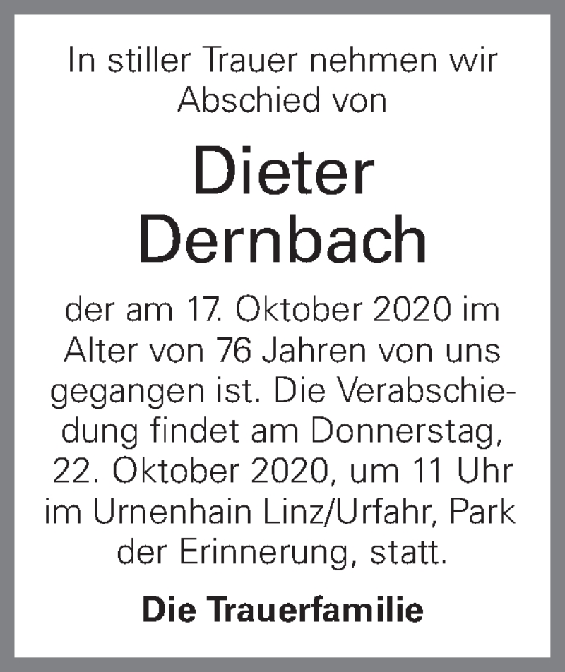  Traueranzeige für Dieter Dernbach vom 21.10.2020 aus OÖNachrichten