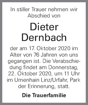 Traueranzeige von Dieter Dernbach von OÖNachrichten