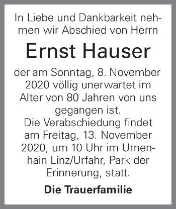 Traueranzeige von Ernst Hauser von OÖNachrichten
