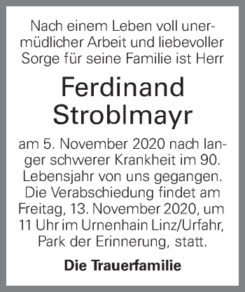 Traueranzeige von Ferdinand Stroblmayr von OÖNachrichten
