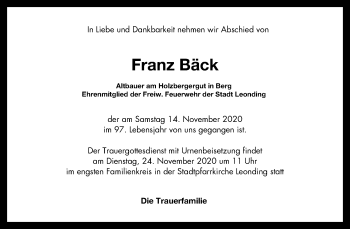 Traueranzeige von Franz Bäck von OÖNachrichten