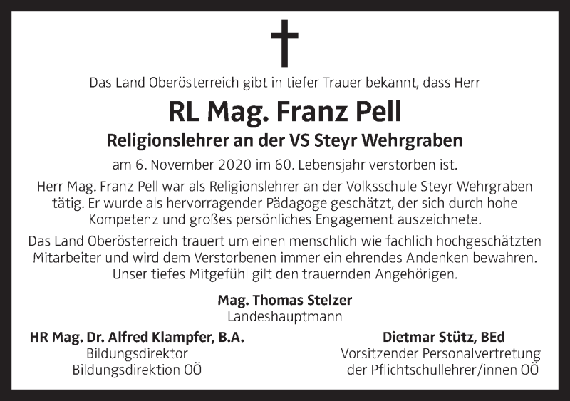  Traueranzeige für Franz Pell vom 13.11.2020 aus OÖNachrichten