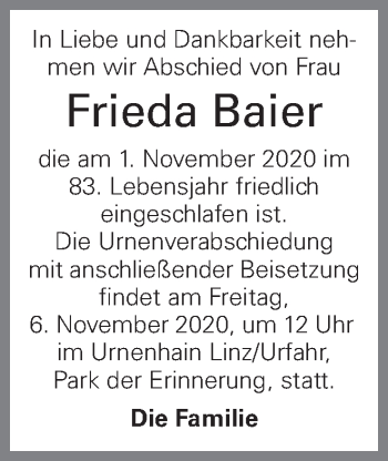 Traueranzeige von Frieda Baier von OÖNachrichten