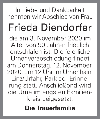 Traueranzeige von Frieda Diendorfer von OÖNachrichten