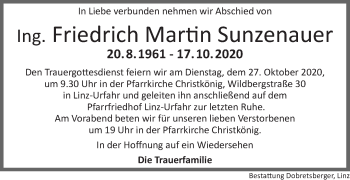 Traueranzeige von Friedrich Martin Sunzenauer von OÖNachrichten