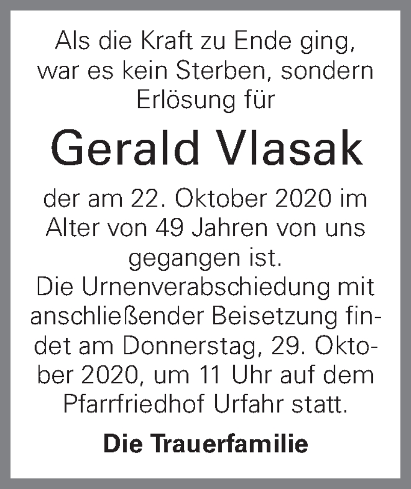  Traueranzeige für Gerald Vlasak vom 29.10.2020 aus OÖNachrichten