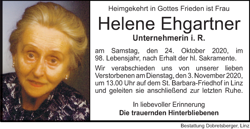  Traueranzeige für Helene Ehgartner vom 31.10.2020 aus OÖNachrichten