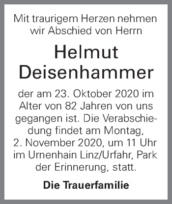 Traueranzeige von Helmut Deisenhammer von OÖNachrichten