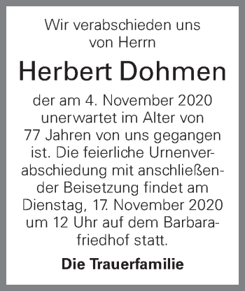 Traueranzeige von Herbert Dohmen von OÖNachrichten