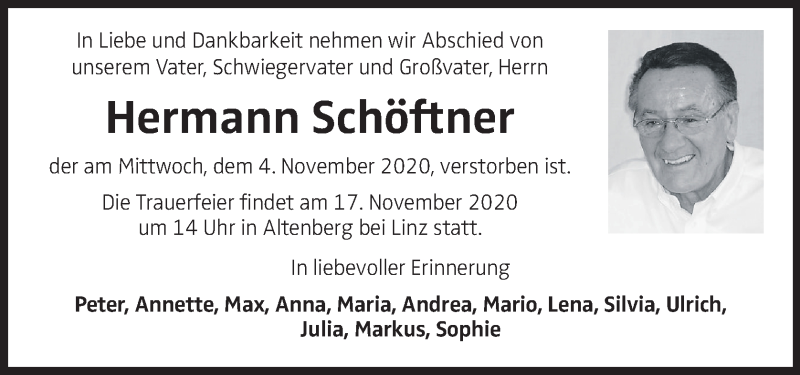  Traueranzeige für Hermann Schöftner vom 07.11.2020 aus OÖNachrichten