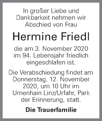 Traueranzeige von Hermine Friedl von OÖNachrichten