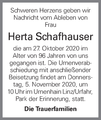 Traueranzeige von Herta Schafhauser von OÖNachrichten