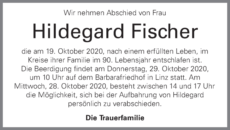  Traueranzeige für Hildegard Fischer vom 24.10.2020 aus OÖNachrichten