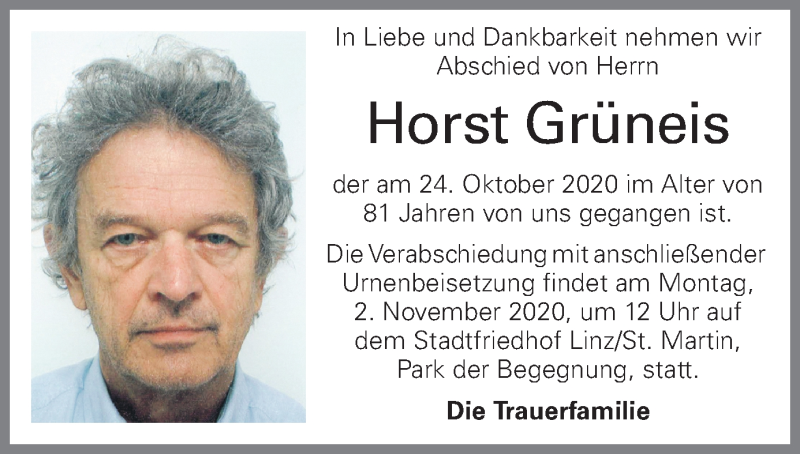  Traueranzeige für Horst Grüneis vom 30.10.2020 aus OÖNachrichten