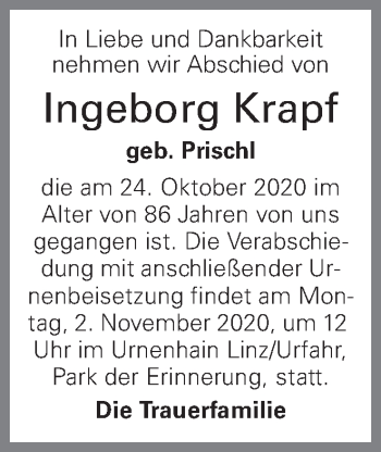 Traueranzeige von Ingeborg Krapf von OÖNachrichten