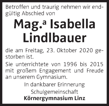 Traueranzeige von Isabella Lindlbauer von OÖNachrichten