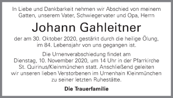Traueranzeige von Johann Gahleitner von OÖNachrichten