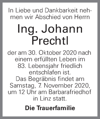 Traueranzeige von Johann Prechtl von OÖNachrichten
