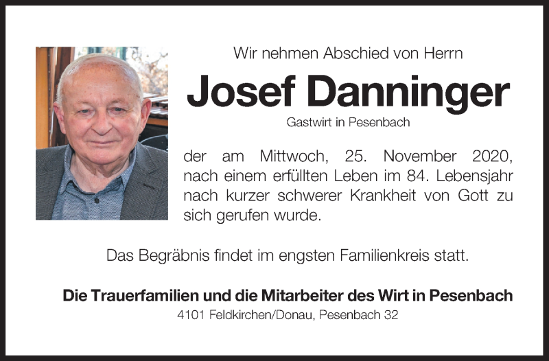  Traueranzeige für Josef Danninger vom 28.11.2020 aus OÖNachrichten