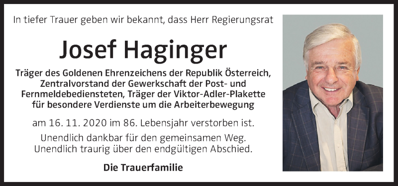  Traueranzeige für Josef Haginger vom 18.11.2020 aus OÖNachrichten