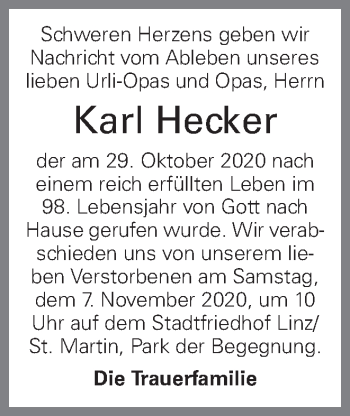 Traueranzeige von Karl Hecker von OÖNachrichten