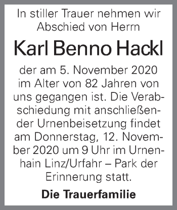 Traueranzeige von Karl Benno Hackl von OÖNachrichten