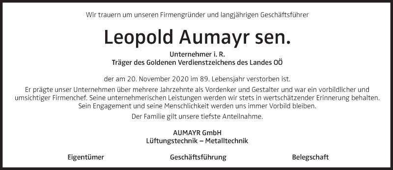  Traueranzeige für Leopold Aumayr vom 26.11.2020 aus OÖNachrichten