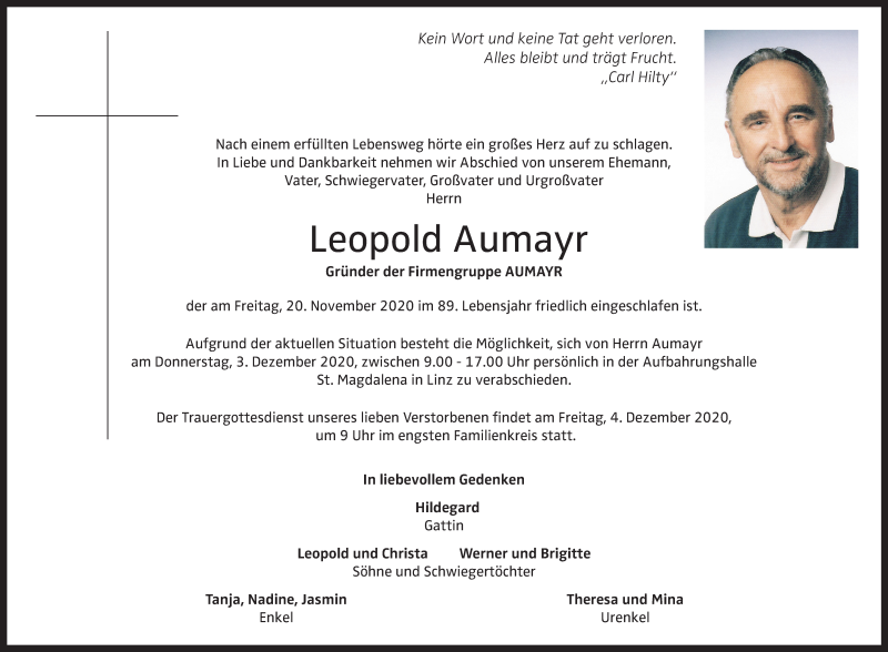 Traueranzeige für Leopold Aumayr vom 28.11.2020 aus OÖNachrichten