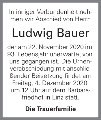 Traueranzeige von Ludwig Bauer von OÖNachrichten